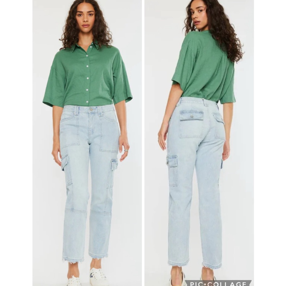 KanCan Felicity High Rise Slim Straight Leg Fringe Hem Cargo Jeans Size 9